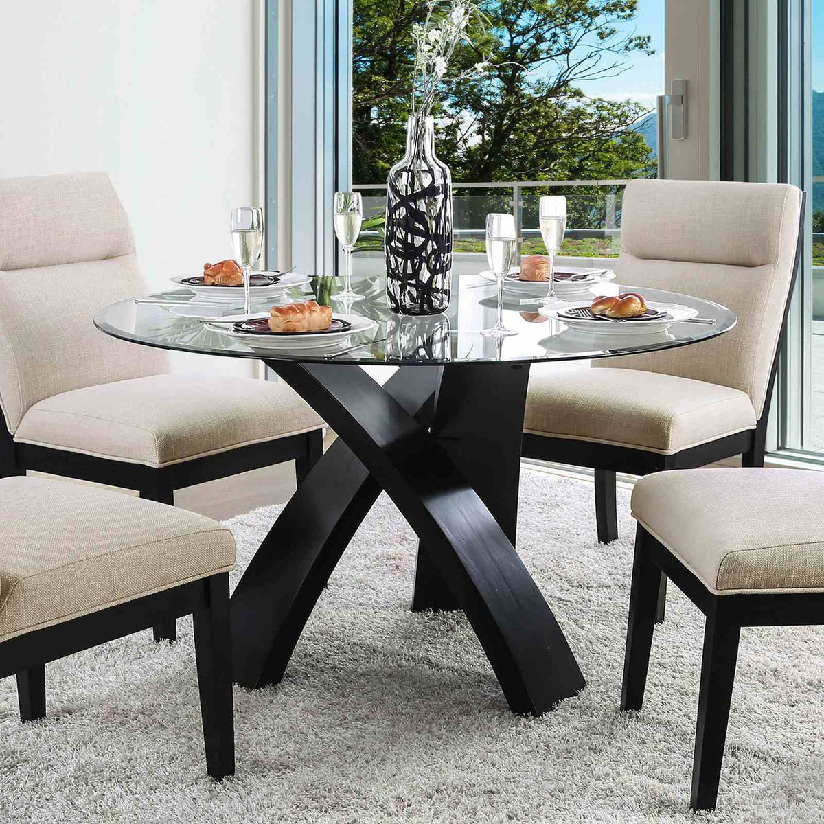 Jasmin Contemporary 52" Round Glass Dining Table & Set - Criss Cross Base & Tufted Chairs – Beige & Black, view 3