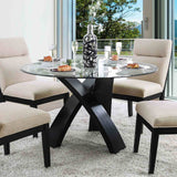 Jasmin Contemporary 52" Round Glass Dining Table & Set - Criss Cross Base & Tufted Chairs – Beige & Black, view 3