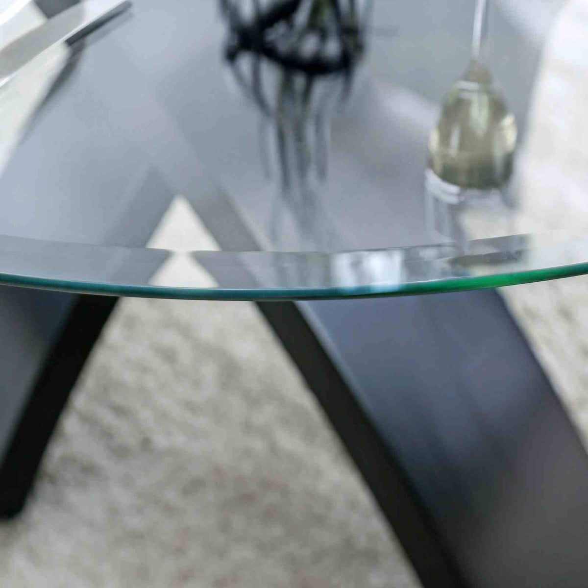 Jasmin Contemporary 52" Round Glass Dining Table & Set - Criss Cross Base & Tufted Chairs – Beige & Black, view 2