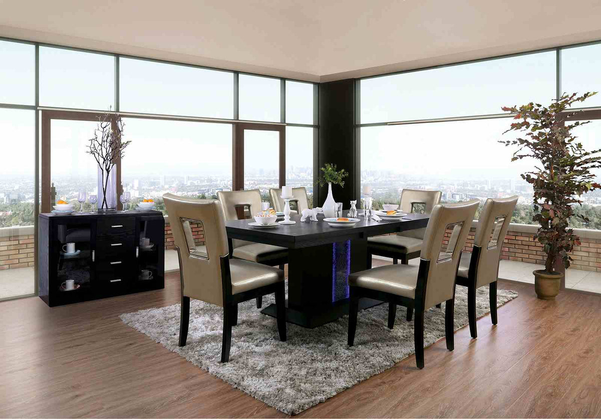 Evangeline Contemporary 76" Dining Table & Set - High Gloss with LED Lit Pedestal Base in Black & Beige – Black & Beige, view 4
