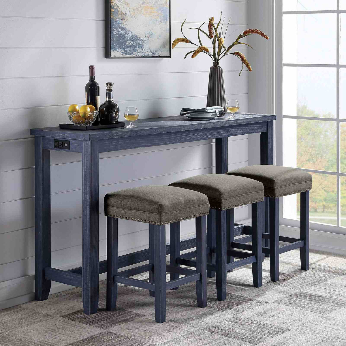 Caerleon Rustic Counter Height Dining Set with USB & Power Outlet - 4pcs- 64" Table + 3 Stools