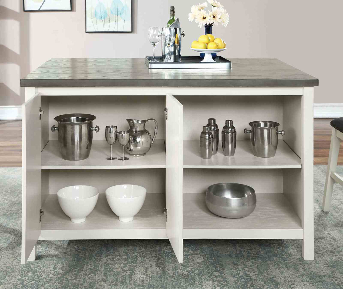 Heidelberg Counter Height Storage Dining Table & Set - Plank Top, Nailhead Stools & Bench in Off-White & Dark Gray – White & Gray, view 4