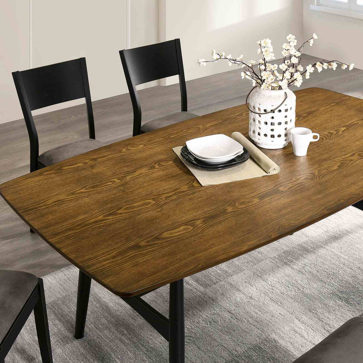 Oberwil Mid-Century Modern Trestle Dining Table & Set - Plank Top & Two-Tone Antique Oak/Black – Brown & Black, view 3