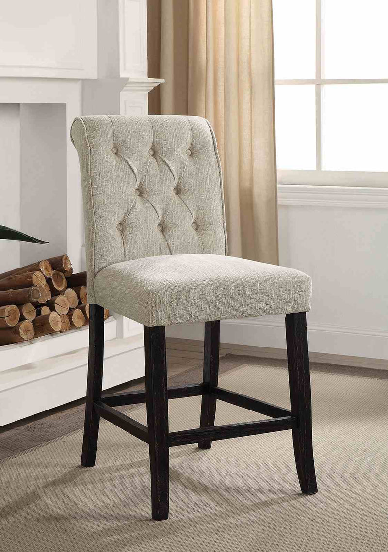 Izzy Rustic Counter Height Chairs, Set of 2 - Button-Tufted Scrolled Back & Antique Black Legs