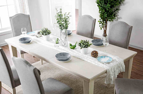 Daniella Transitional Extendable Dining Collection - Fluted Legs & Nailhead Parsons Chairs in Antique White & Gray – White & Gray, view 2