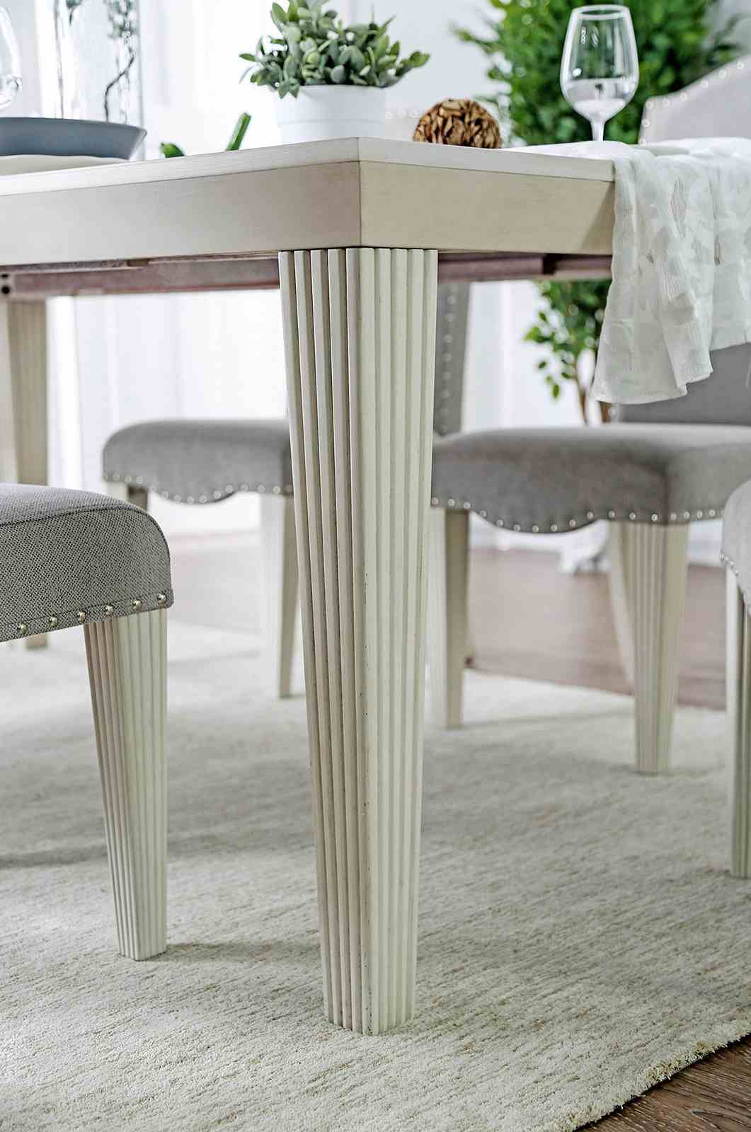 Daniella Transitional Extendable Dining Collection - Fluted Legs & Nailhead Parsons Chairs in Antique White & Gray – White & Gray, view 4