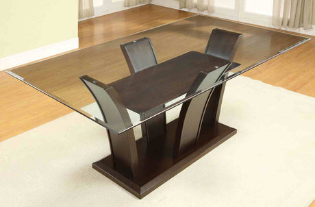 Manhattan Contemporary 72" Glass Top Dining Table & Set - Leatherette Side Chairs & Brown Cherry – Brown & White, view 3