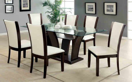 Manhattan Contemporary 72" Glass Top Dining Table & Set - Leatherette Side Chairs & Brown Cherry – Brown & White, view 6