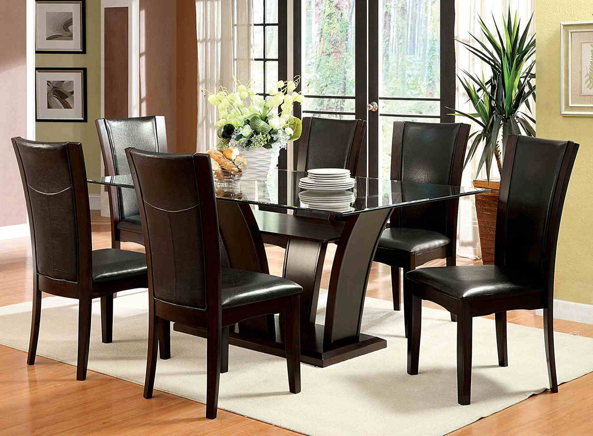Manhattan Contemporary 72" Glass Top Dining Table & Set - Leatherette Side Chairs & Brown Cherry – Brown & White, view 2