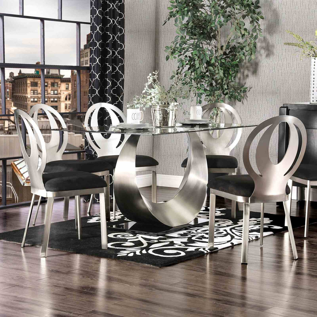Orla Contemporary 60" Glass Top Dining Table & Set - Oval Back Microfiber Chairs in Silver & Black – Silver & Black, view 5
