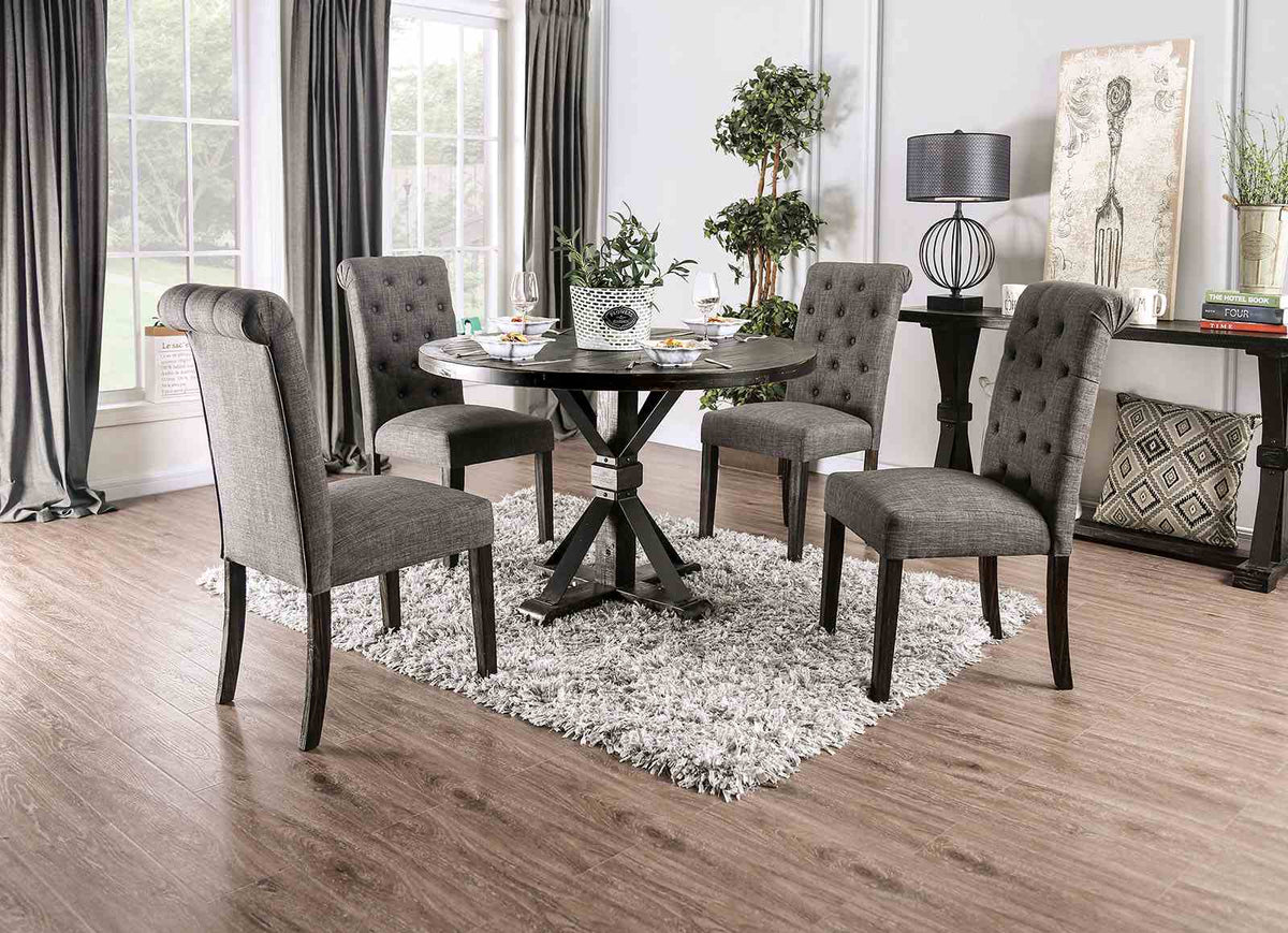 Alfred Rustic Dining Collection - 48" Round & 72" Trestle Tables, Button-Tufted Chairs & Bench in Antique Black – Black & Gray, view 3