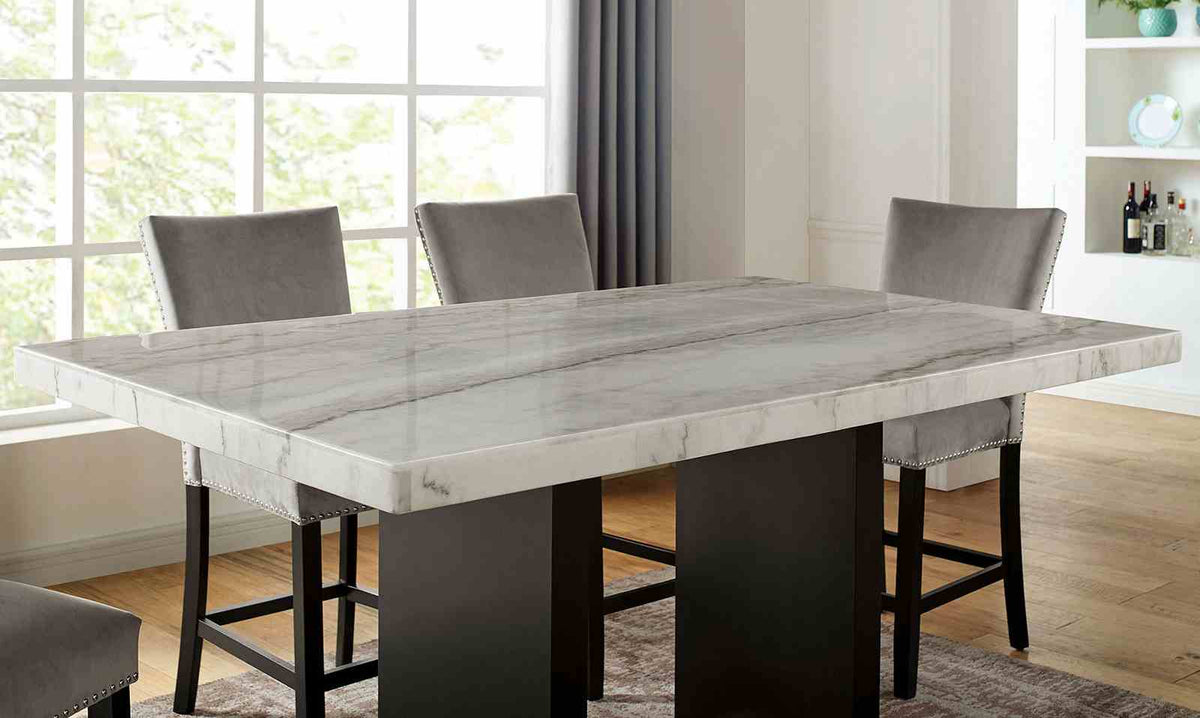 Kian II Counter Height Marble Top Dining Table & 7-Piece Set - Nailhead Upholstered Chairs in White & Black – White & Black, view 2