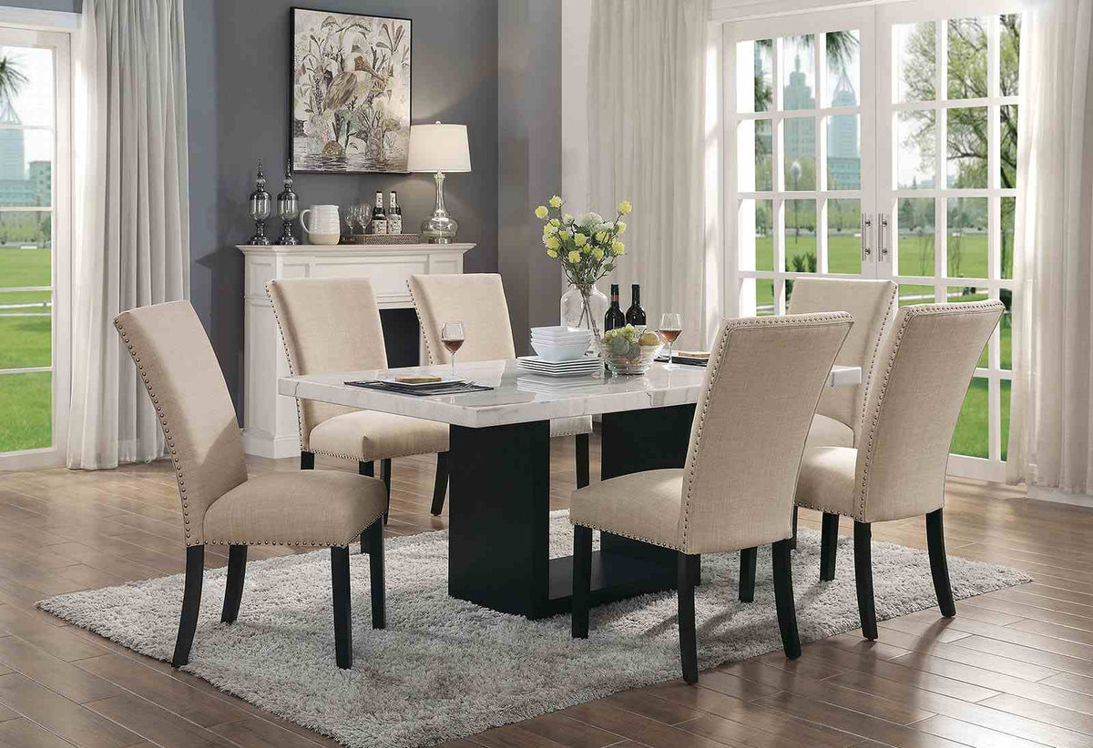 Kian Contemporary 70" Marble Top Dining Table & Set - 7pcs- Table + 6 Beige Chairs