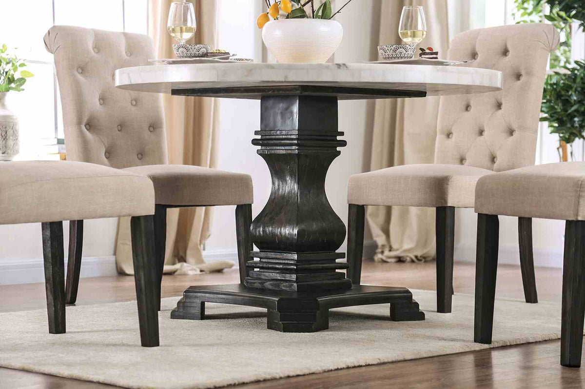 Elfredo Rustic 48" Round Marble Top Dining Table & 5-Piece Set - Scroll Back Chairs in White & Antique Black – White & Black, view 3
