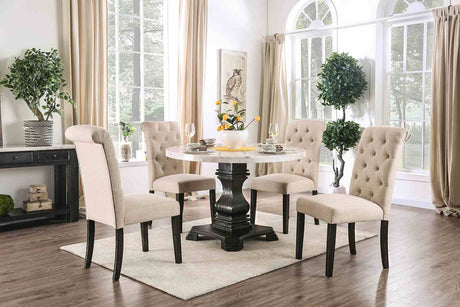Elfredo Rustic 48" Round Marble Top Dining Table & 5-Piece Set - Scroll Back Chairs in White & Antique Black – White & Black, view 2