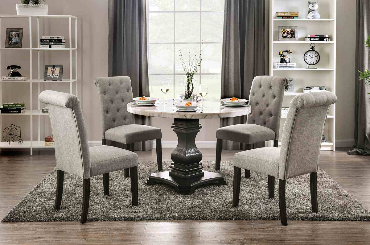Elfredo Rustic 48" Round Marble Top Dining Table & 5-Piece Set - 5pcs- Table + 4 Light Gray Chairs