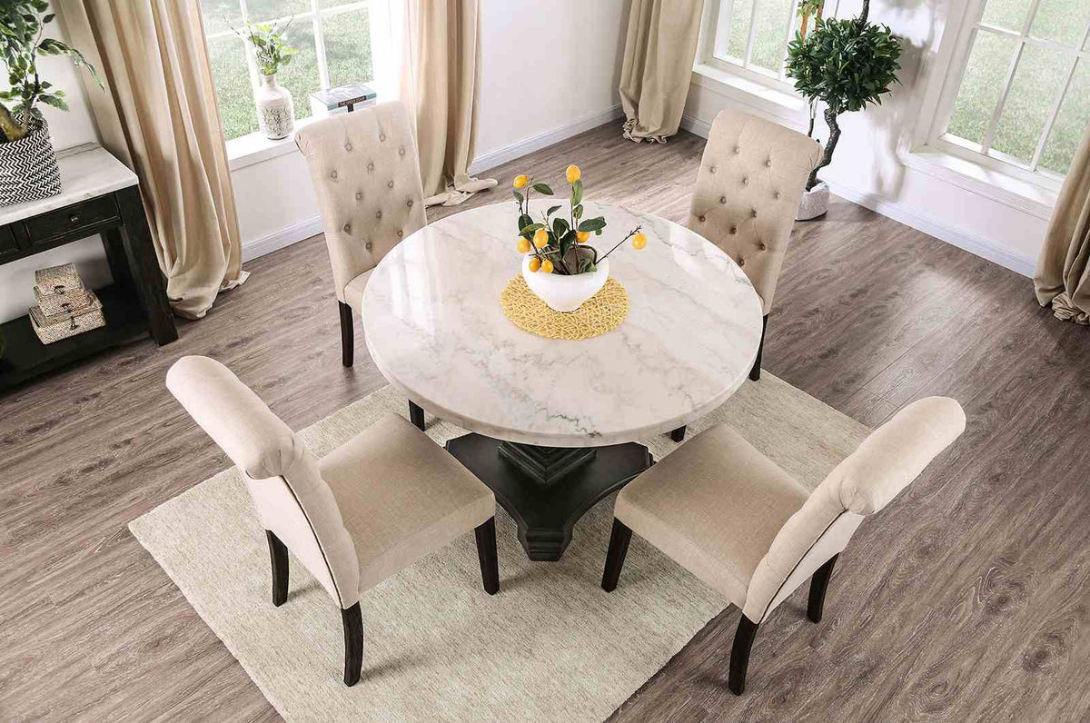 Elfredo Rustic 48" Round Marble Top Dining Table & 5-Piece Set - Scroll Back Chairs in White & Antique Black – White & Black, view 8