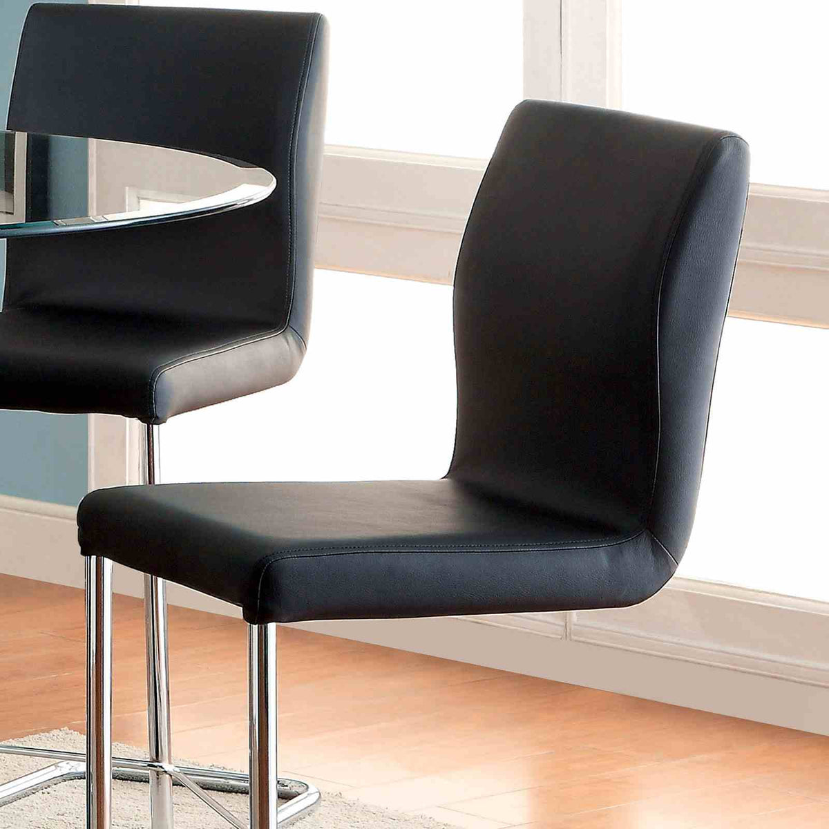 Lodia Contemporary Counter Height Chairs, Set of 2 - Padded Leatherette & Chrome Legs in Black – Black & Silver, view 2