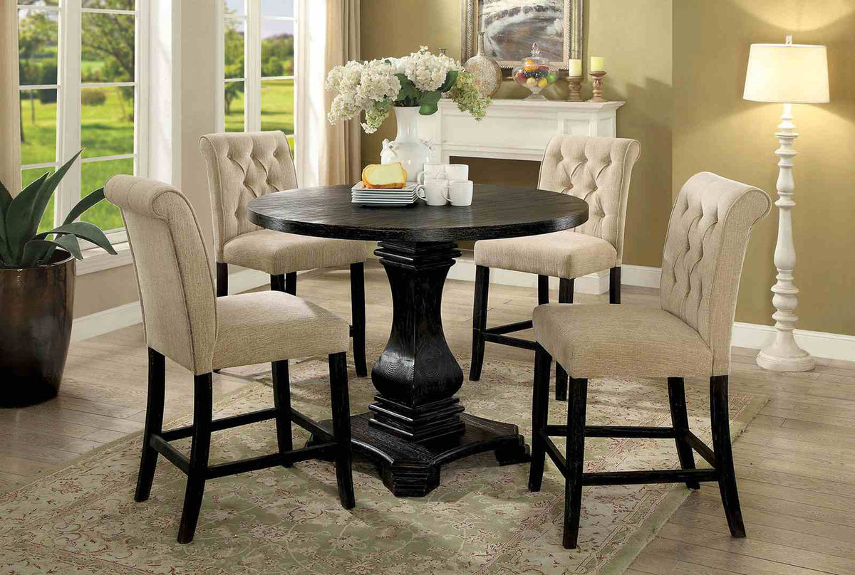 Izzy Rustic Counter Height Chairs, Set of 2 - Button-Tufted Scrolled Back & Antique Black Legs – Beige & Gray, view 2