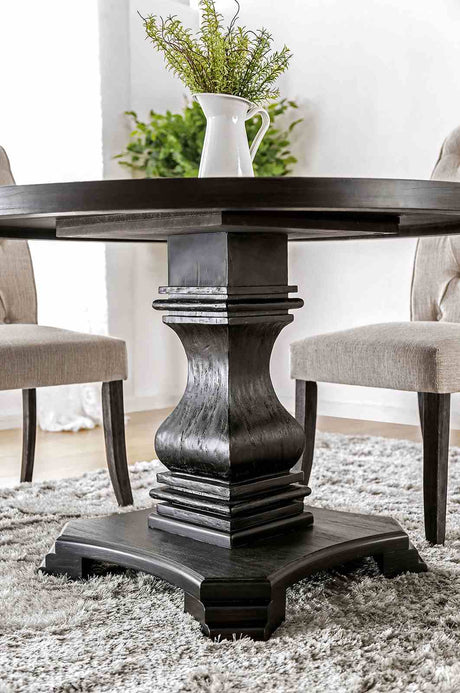 Nerissa Rustic Dining Collection - 48" Round Pedestal or 84" Trestle Table with Button Tufted Chairs in Antique Black – Black & Beige, view 4