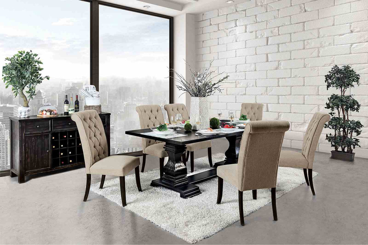 Nerissa Rustic Dining Collection - 48" Round Pedestal or 84" Trestle Table with Button Tufted Chairs in Antique Black – Black & Beige, view 12