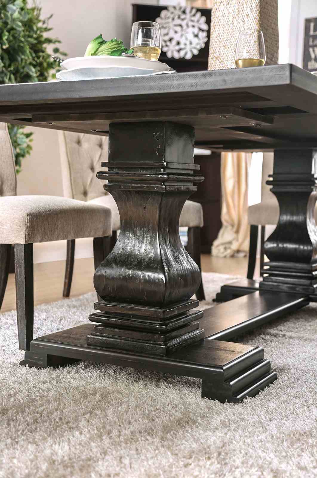 Nerissa Rustic Dining Collection - 48" Round Pedestal or 84" Trestle Table with Button Tufted Chairs in Antique Black – Black & Beige, view 9
