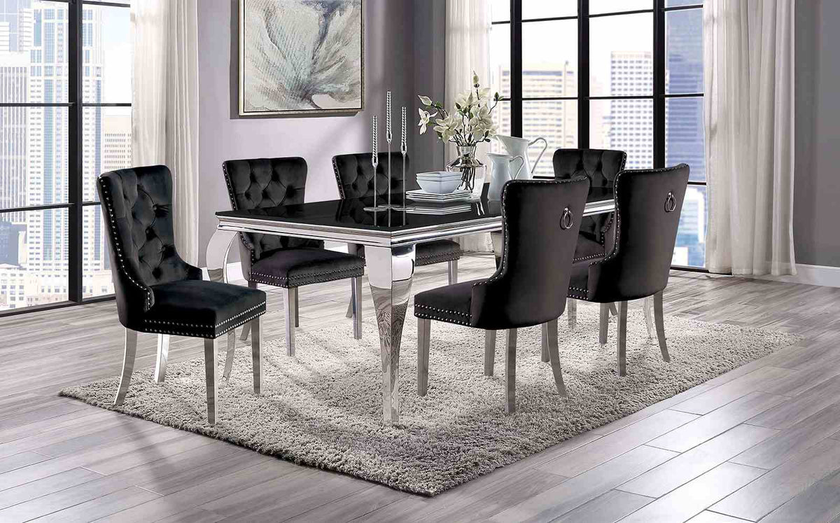 Neuveville Glam 79" Glass Top Dining Table & Set - 7pcs- Table + 6 Black Wingback Chairs