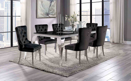 Neuveville Glam 79" Glass Top Dining Table & Set - 7pcs- Table + 6 Black Wingback Chairs