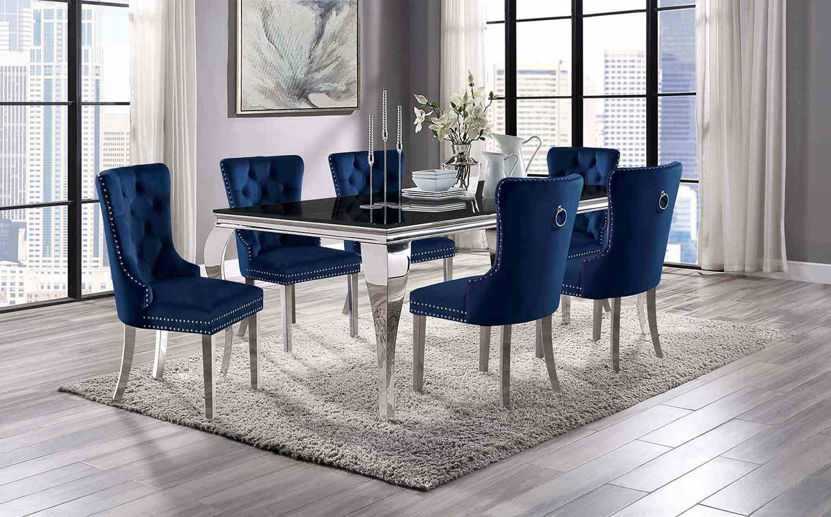 Neuveville Glam 79" Glass Top Dining Table & Set - 7pcs- Table + 6 Navy Wingback Chairs