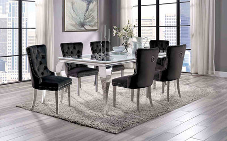 Neuveville Glam 79" Glass Top Dining Table & Set - 7pcs- Table + 6 Black Wingback Chairs