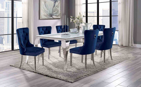 Neuveville Glam 79" Glass Top Dining Table & Set - 7pcs- Table + 6 Navy Wingback Chairs