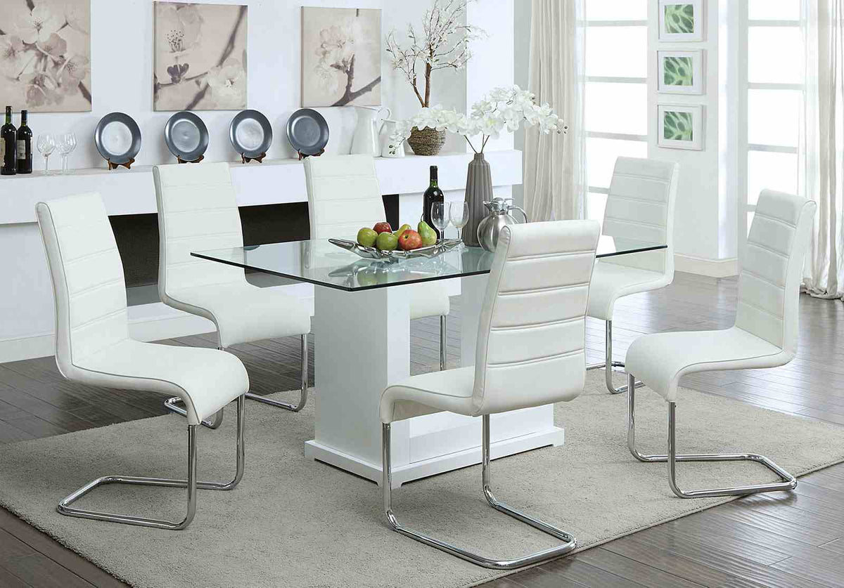 Eva Contemporary 59" Glass Top Dining Table - High Gloss Lacquer Twin Panel Base in White – White, view 2