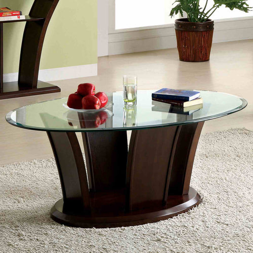Manhattan IV Contemporary Coffee, End & Sofa Tables - Beveled Glass Top in Brown Cherry