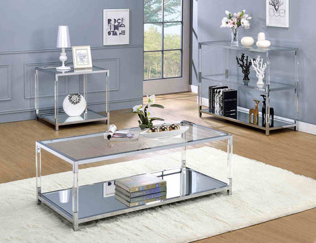 Ludvig Contemporary Glass & Chrome Sofa Table - Tempered Glass with Mirror Accent – Silver, view 2