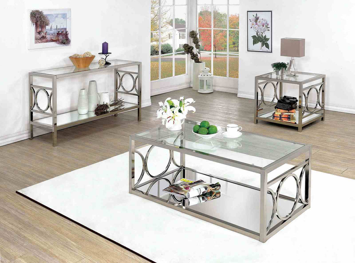 Rylee Contemporary Coffee Table - Chrome Metal with Mirror Accents & Beveled Glass Top – Silver, view 2