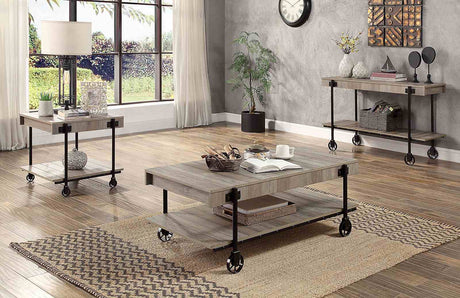 Lobb Industrial Coffee, End & Sofa Tables - Slat Design with Wheel Legs in Natural Tone & Black – Natural & Black, view 4