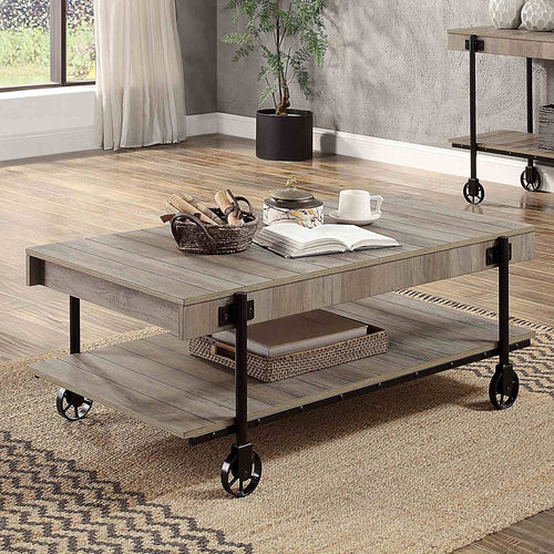 Lobb Industrial Coffee, End & Sofa Tables - Slat Design with Wheel Legs in Natural Tone & Black