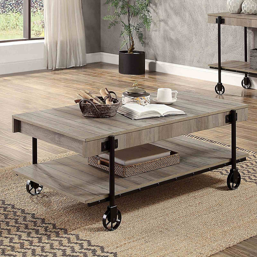 Lobb Industrial Coffee, End & Sofa Tables - Slat Design with Wheel Legs in Natural Tone & Black
