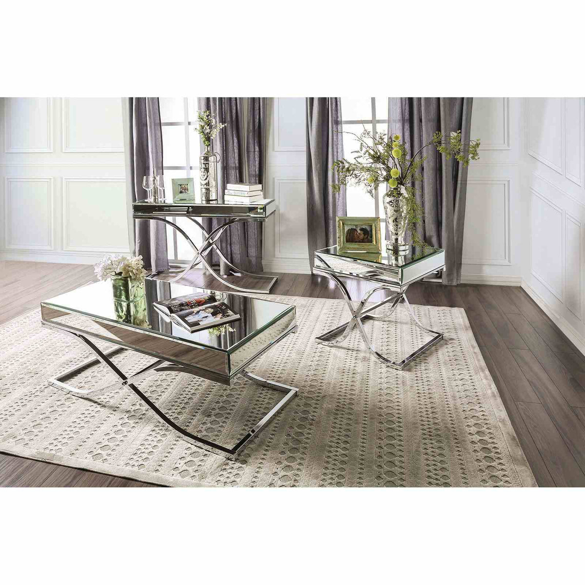Sundance Contemporary Coffee & End Table - Curved X-Frame in Chrome with Mirror Top – Silver, view 3