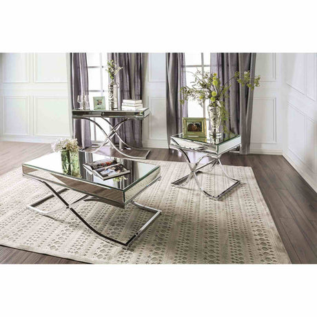Sundance Contemporary Coffee & End Table - Curved X-Frame in Chrome with Mirror Top – Silver, view 3