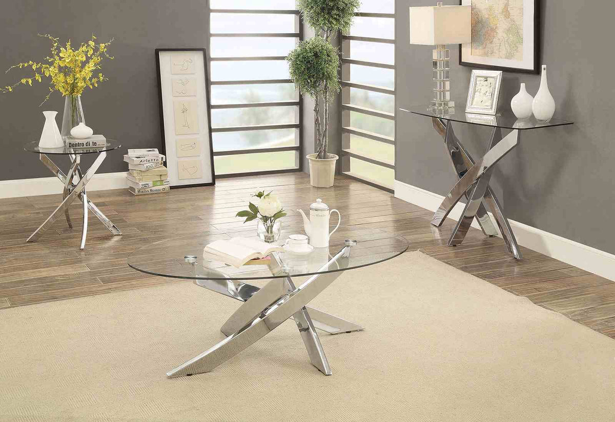 Laila Contemporary Glass Coffee & End Table - Tempered Glass Top with Chrome Criss-Cross Base – Silver, view 3
