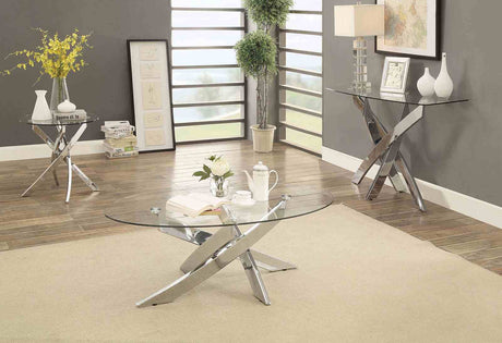 Laila Contemporary Glass Coffee & End Table - Tempered Glass Top with Chrome Criss-Cross Base – Silver, view 3