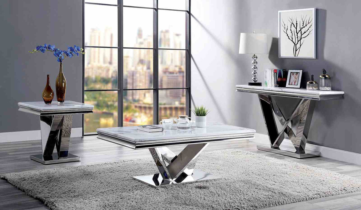 Villarsglane Glam Faux Marble Occasional Tables - Coffee, End & Sofa Table with Chrome V-Pedestal – Silver & White, view 4