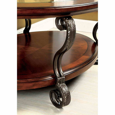 May Traditional Occasional Tables with Glass Top & Scroll Legs - Coffee, End, Sofa & Side Table in Brown Cherry – Brown, view 6