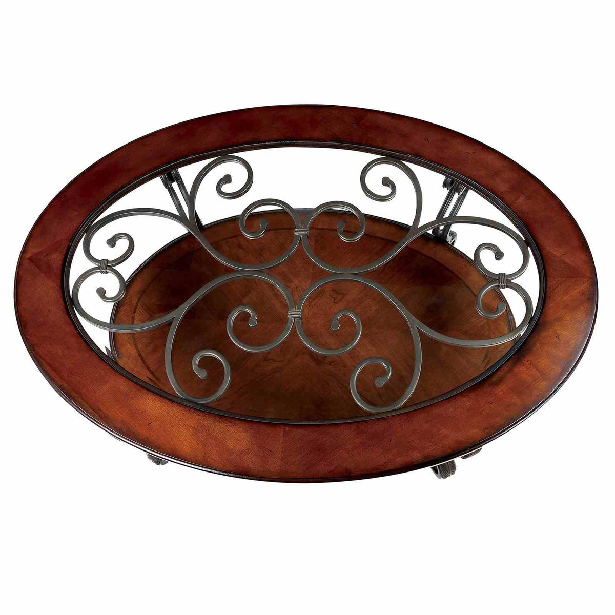 May Traditional Occasional Tables with Glass Top & Scroll Legs - Coffee, End, Sofa & Side Table in Brown Cherry – Brown, view 7