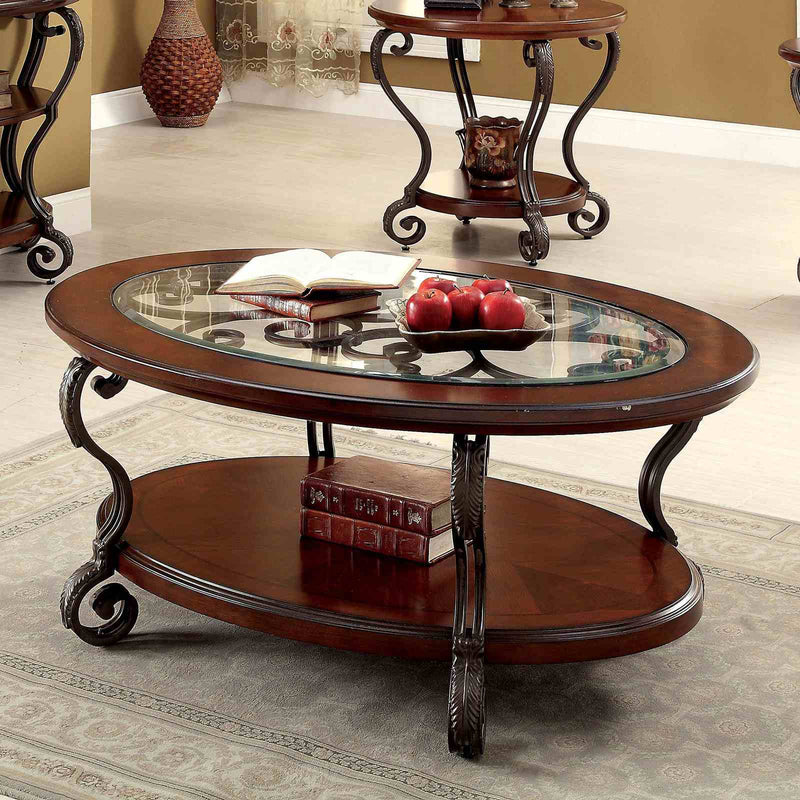 May Traditional Occasional Tables with Glass Top & Scroll Legs - Coffee, End, Sofa & Side Table in Brown Cherry