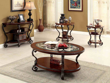 May Traditional Occasional Tables with Glass Top & Scroll Legs - Coffee, End, Sofa & Side Table in Brown Cherry – Brown, view 5