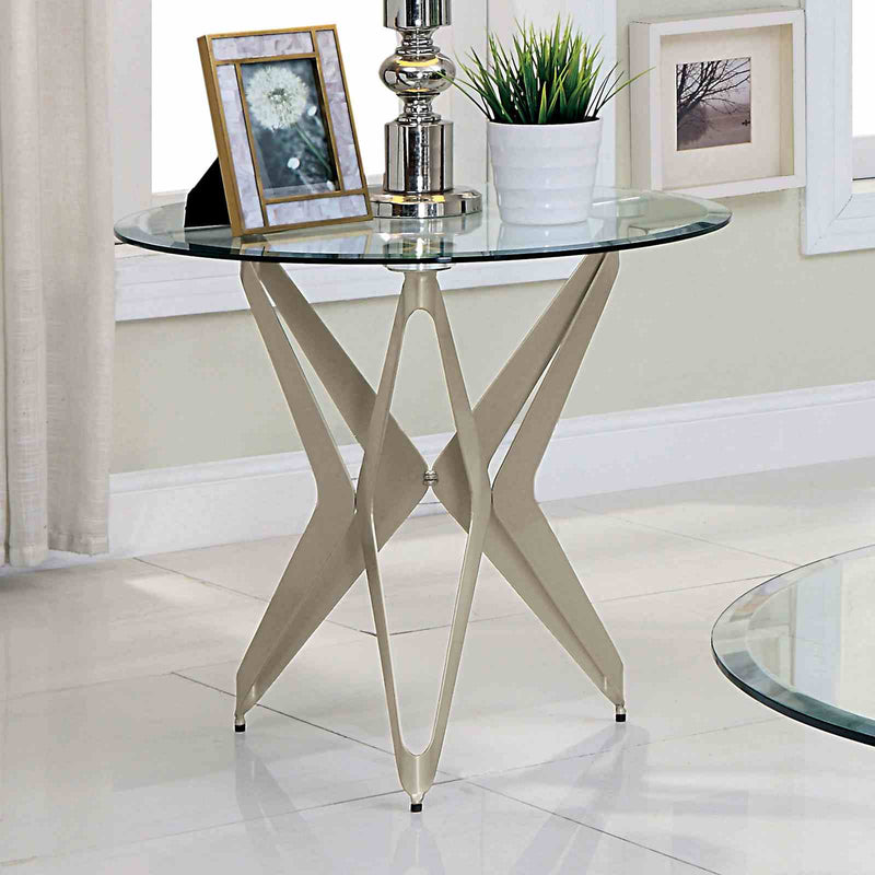 Alvise Contemporary Champagne End Table - Satin-Plated Steel with 8mm Tempered Glass
