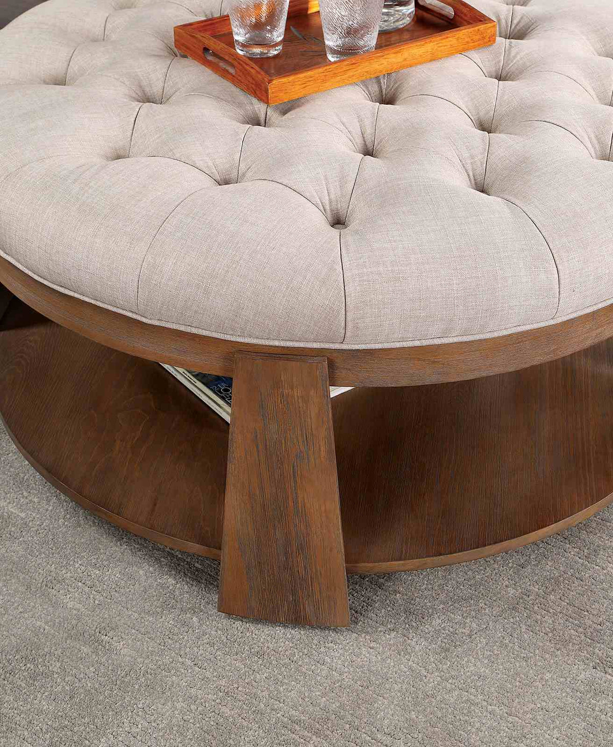 Guis Transitional Round Coffee Table with Tufted Linen Top - Natural Tone with Beige or Dark Gray – Natural & Beige, view 3