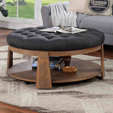 Guis Transitional Round Coffee Table with Tufted Linen Top - Natural/Dark Gray